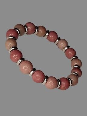 Natural Pink Rhodocrosite Beaded Stretch Bracelet With Silver Accents Boho Gift